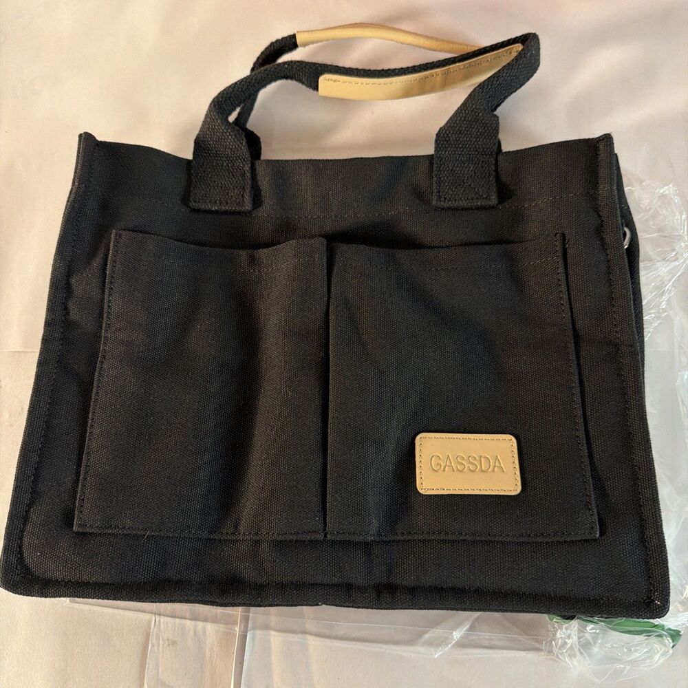 Gassda Medium Black Canvas Tote With Shoulder Strap Outer Pockets New
